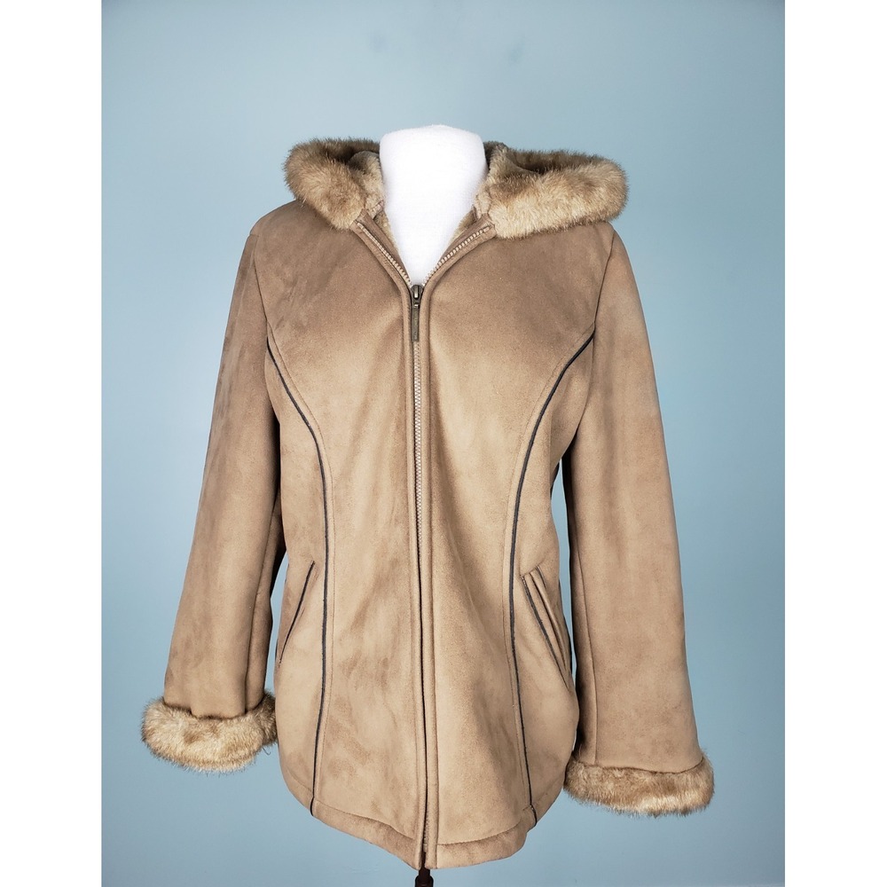 VTG Liz Claiborne Women's‎ L Jacket Faux Suede Fur Cuffs Hooded Tan Zip Up Y2K